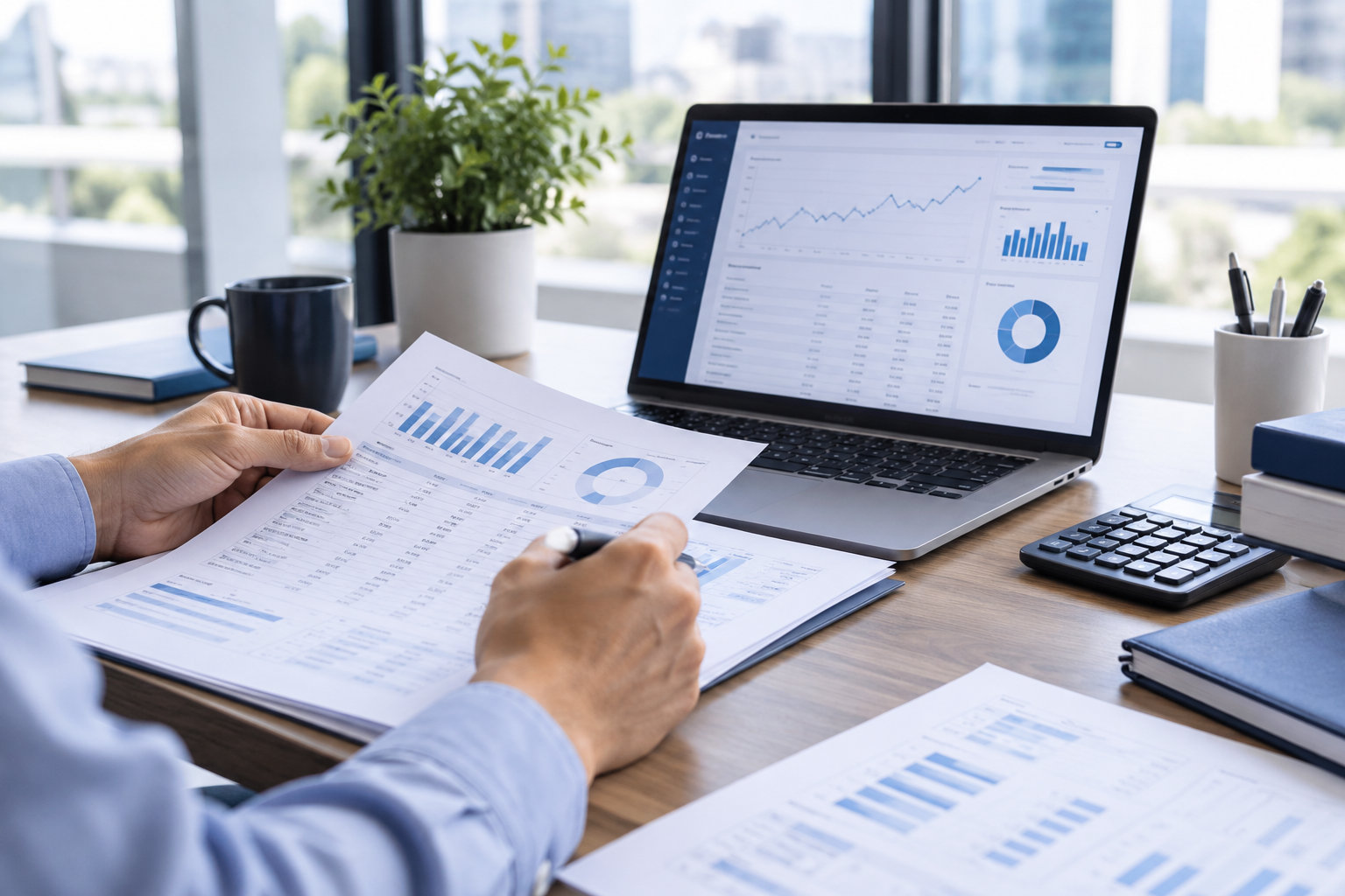 Conceptual illustration of an accountant reviewing paper records beside a financial dashboard.