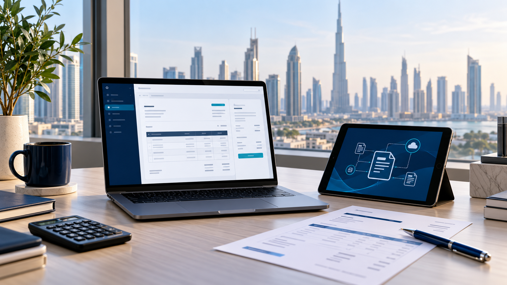 Conceptual illustration of digital invoicing on a laptop and tablet in a Dubai office.